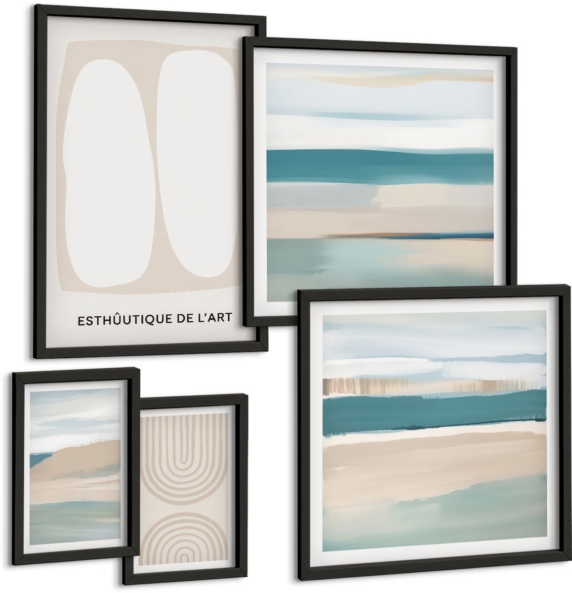 Coloray 5-Delige Schilderij Set - Abstracte Composities In Tinten Van Natuur En Geometrie. - 50 x 50 cm, 20 x 30 cm En 40 x 60 cm - Stijlvolle Muurdecoratie - Slaapkamer - Woonkamer Decoratie