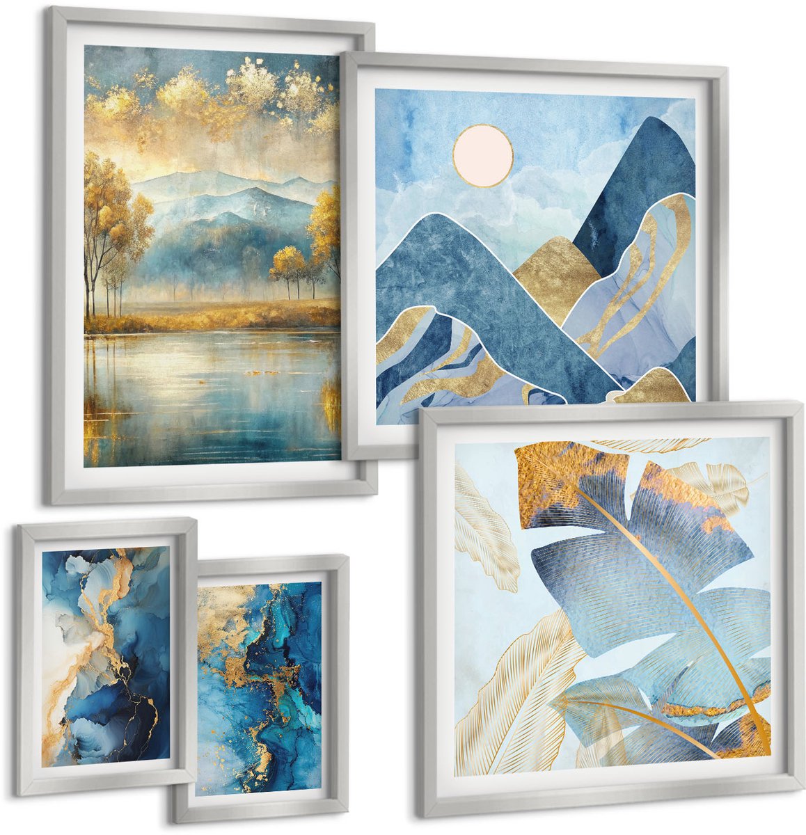 Coloray 5-Delige Schilderij Set - Blauwe Bergen Met Abstracte Patroonelementen - 20 x 30 cm - Wanddecoratie - Schilderijen Set - Kantoor - Muurdecoratie