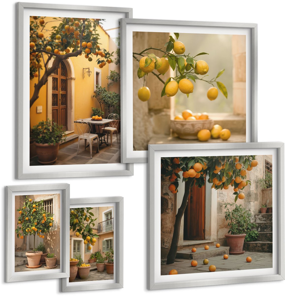 Coloray 5-Delige Schilderij Set - Zonnig Terras Met Citrusbomen En Potten. - 20 x 30 cm - Wanddecoratie - Moderne Interieurdecoratie - Moderne Wanddecoratie