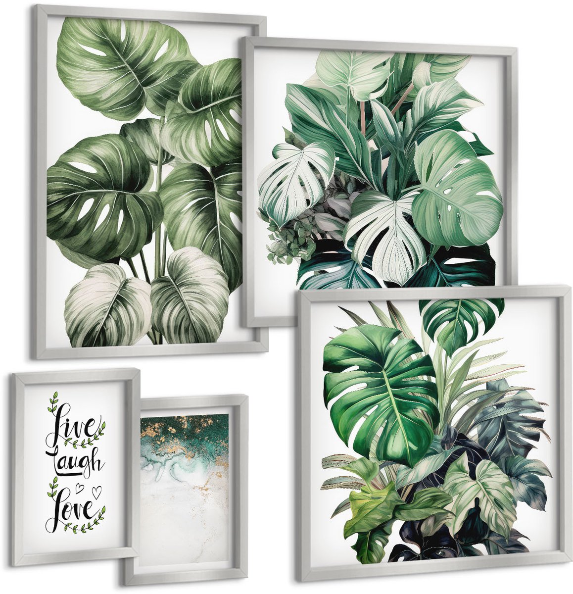 Coloray 5-Delige Schilderij Set - Bladrijke Planten Met De Woorden Leef, Lach, Houd Van - 20 x 30 cm - Muurdecoratie - Wanddecoratie - Hal - Stijlvolle Muurdecoratie