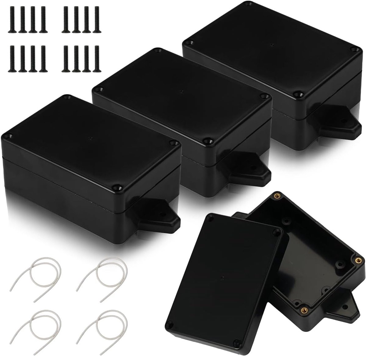 4 stuks aansluitdoos, zwart, IP65 aansluitdoos, ABS kunststof behuizing | waterdicht elektronische behuizing, verdeeldoos zwart met vast oor voor elektrische accessoires (83 x 58 x 33 mm)