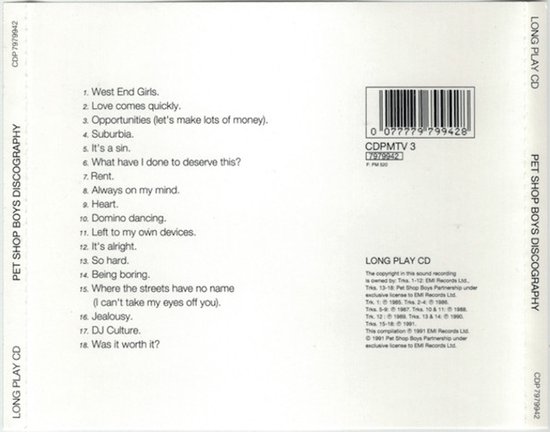 CD-hoes met tracklist van Pet Shop Boys Discography. Tekst in wit op een witte achtergrond.