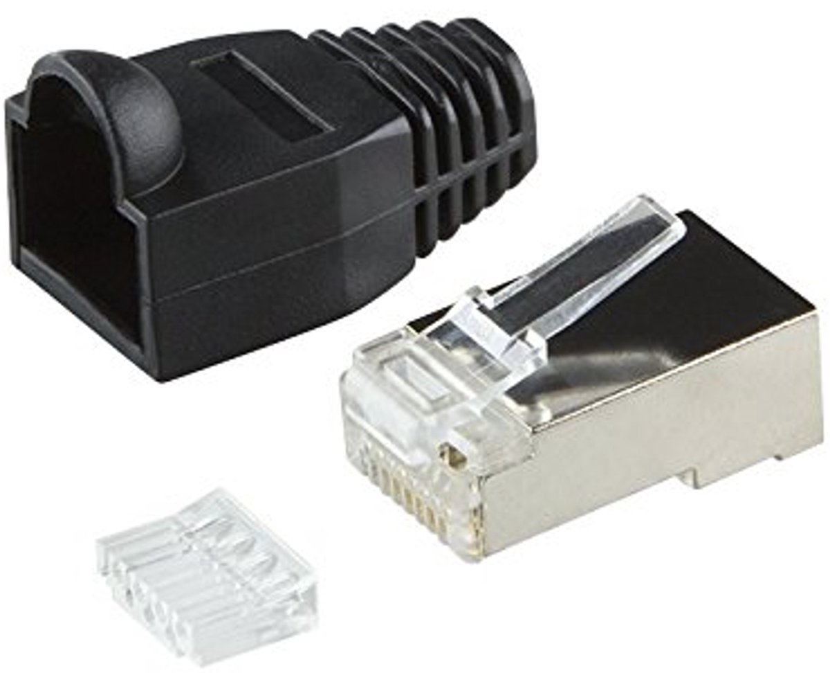 Set van 20 RJ45 krimpstekkers CAT 6 STP met inrijhulp en afgeschermde knikbescherming in zwart - Krimpconnector - LAN-connector - patchkabel - CAT6 netwerkkabel