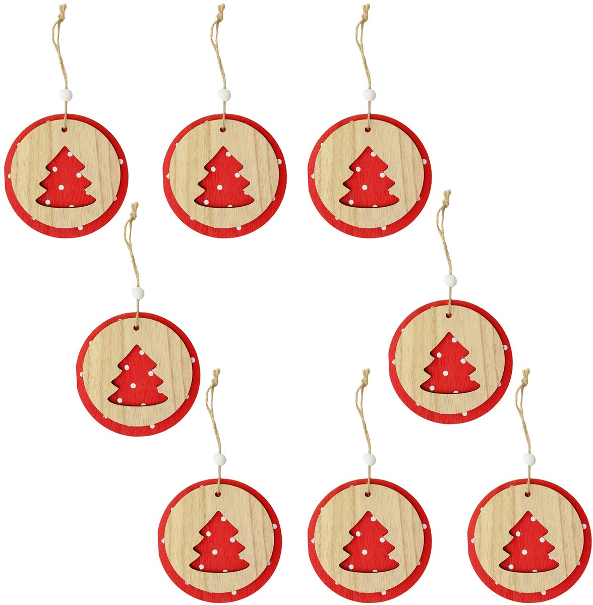 Dailygoods- Kersthangers Set van 8 - Houten Decoratieve Ornamenten - 3D-effect - Ø 9 cm - Jute Koord - Perfect voor Kerstdecoratie