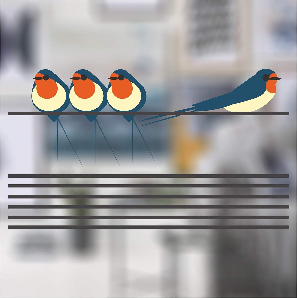 Like Birds, 4 stickers van zwaluwen op een lijn, decoratieve statische stickers voor ramen