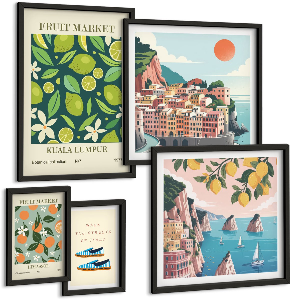 Coloray 5-Delige Schilderij Set - Tropische Vruchten En Uitzichten Vanaf Vakantiebestemmingen - 50 x 50 cm, 20 x 30 cm En 40 x 60 cm - Wanddecoratie - Schilderijen Set - Interieur - Woonkamer Decoratie Zwarte lijst