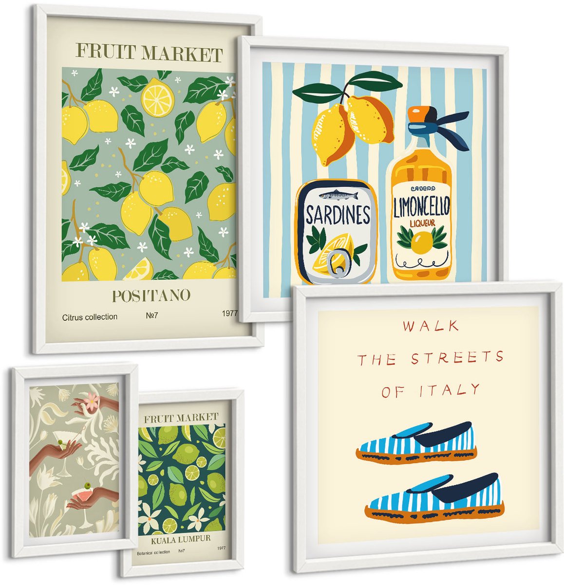 Coloray 5-Delige Schilderij Set - Fruitinspiratie Van De Vintagemarkt - 50 x 50 cm, 20 x 30 cm En 40 x 60 cm - Wanddecoratie - Schilderijen Set - Kantoor - Muurdecoratie