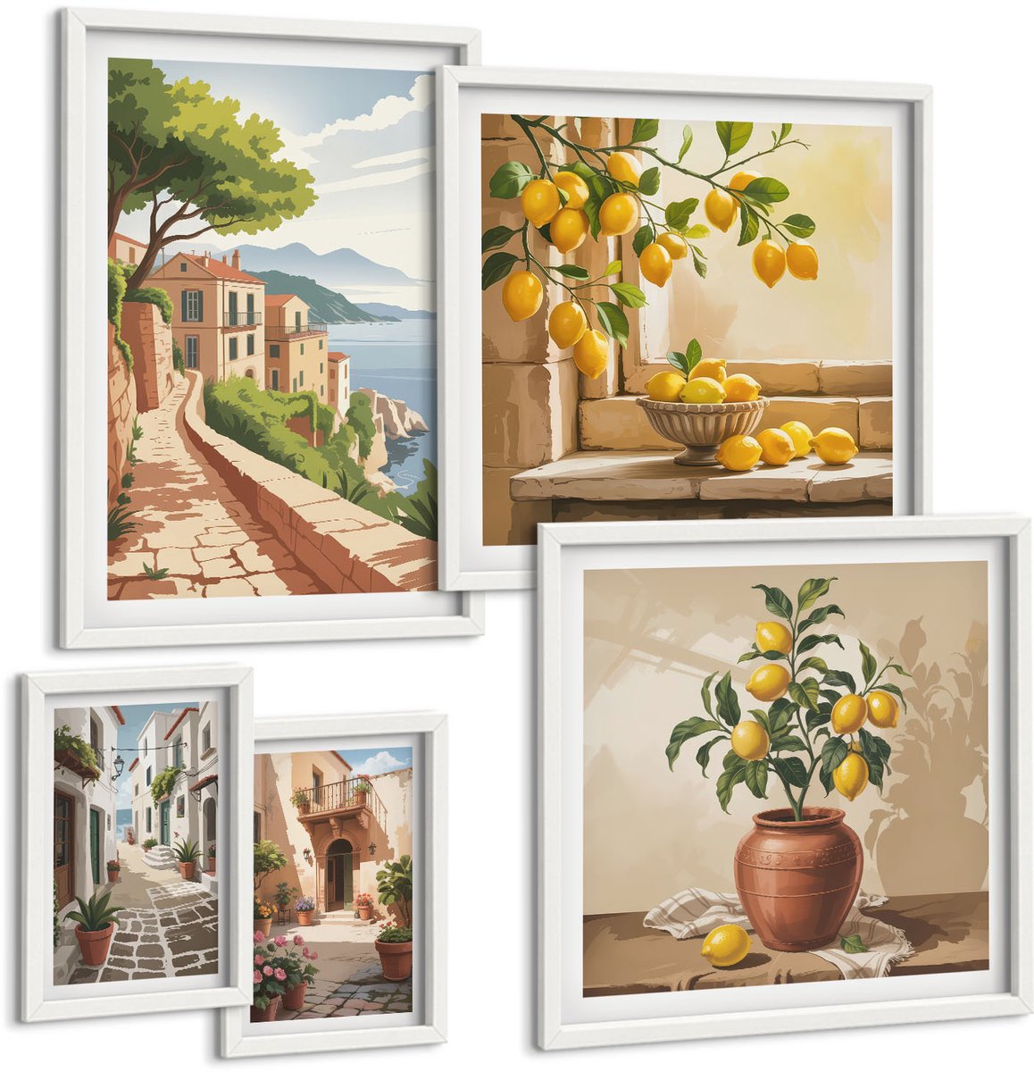 Coloray 5-Delige Schilderij Set - Charmante Uitzichten Op Mediterrane Straten En De Natuur. - 50 x 50 cm, 20 x 30 cm En 40 x 60 cm - Moderne Wanddecoratie - Slaapkamer - Woonkamer Decoratie