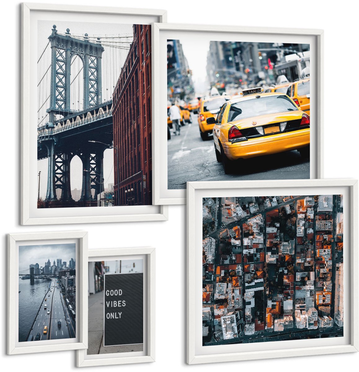 Coloray 5-Delige Schilderij Set - Charmante Stadsgezichten Vanuit Het Perspectief Van Het Leven In New York City - 50 x 50 cm, 20 x 30 cm En 40 x 60 cm - Decoratieve Muurdecoratie - Slaapkamer - Moderne Wanddecoratie