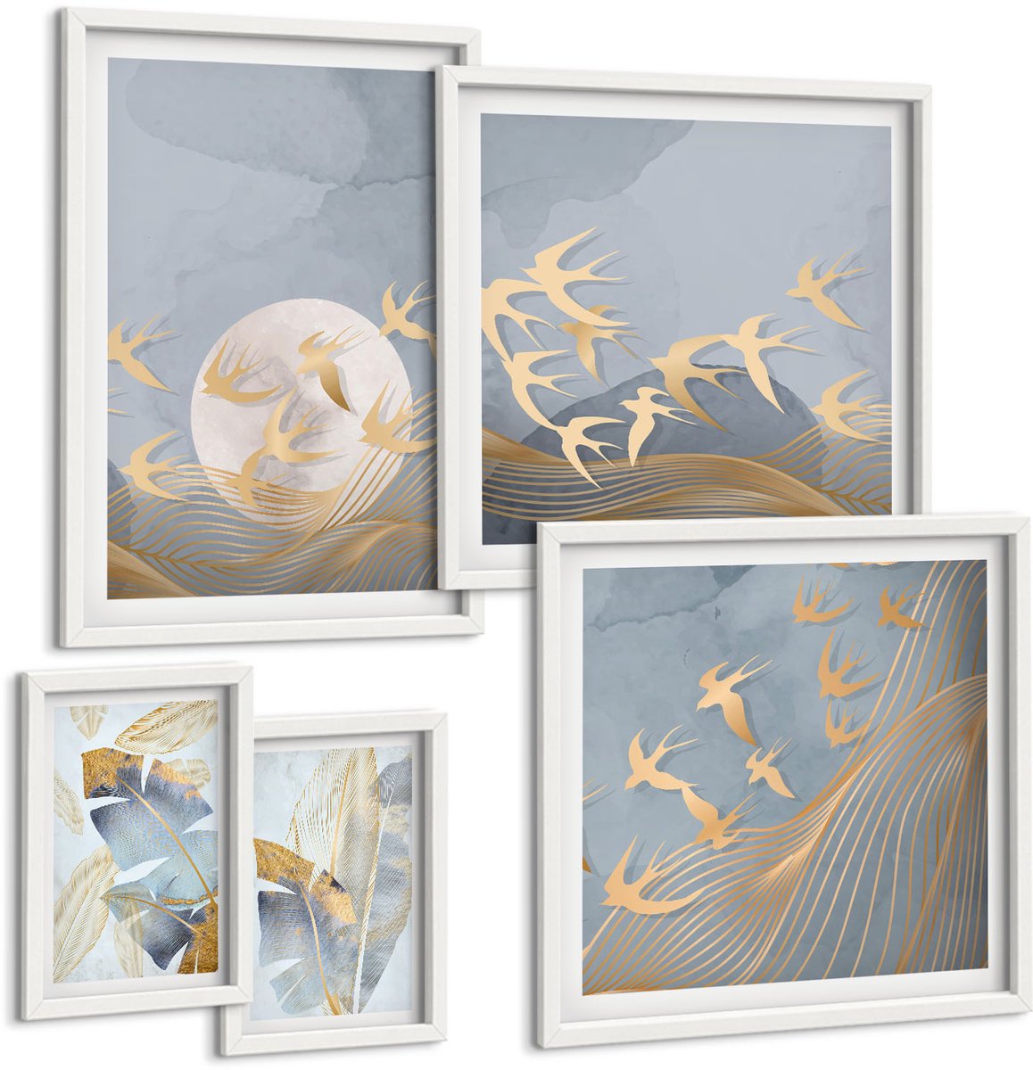 Coloray 5-Delige Schilderij Set - Stijlvolle Accenten Met Een Vogel- En Bladmotief In Grijstinten. - 50 x 50 cm, 20 x 30 cm En 40 x 60 cm - Wanddecoratie - Woonkamer Decoratie - Decoratieve Schilderijen
