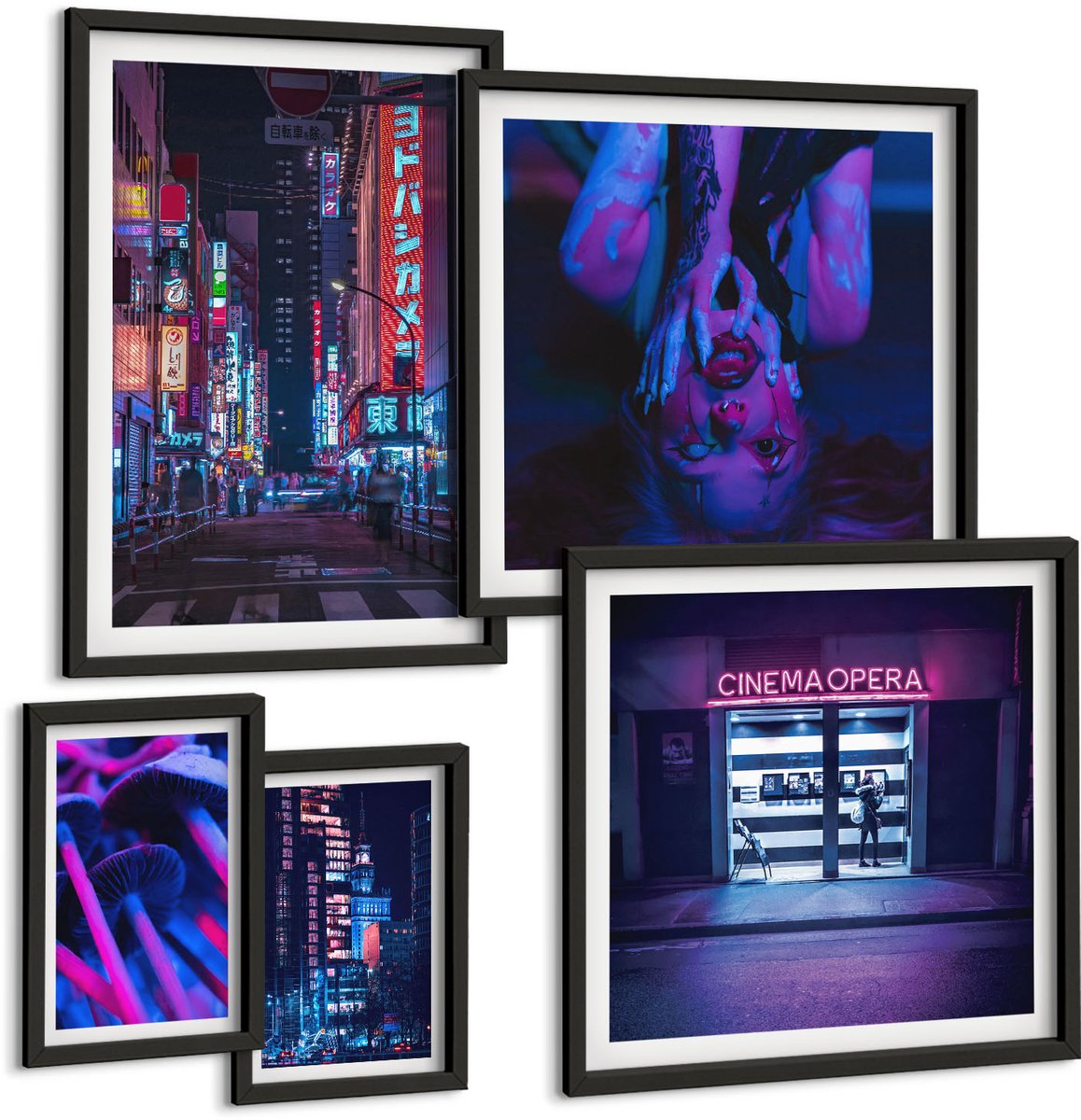 Coloray 5-Delige Schilderij Set - Neon Nachtelijke Stadsgezichten Met Een Stedelijke Sfeer - 50 x 50 cm, 20 x 30 cm En 40 x 60 cm - Wanddecoratie - Moderne Interieurdecoratie - Woonkamer Decoratie Zwarte lijst