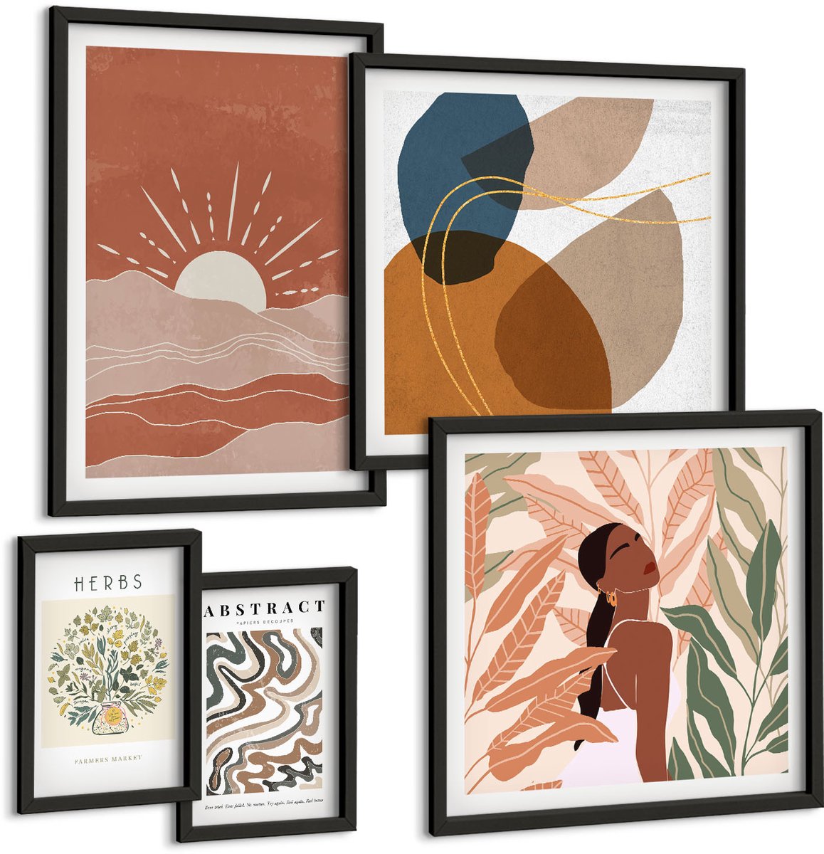 Coloray 5-Delige Schilderij Set - Boho-Stijl Met Plantmotieven En Abstracte Patronen. - 50 x 50 cm, 20 x 30 cm En 40 x 60 cm - Muurdecoratie - Wanddecoratie - Slaapkamer - Decoratieve Schilderijen Zwarte lijst