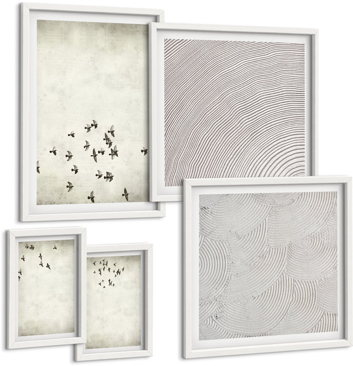 Coloray 5-Delige Schilderij Set - Minimalistisch Schilderij Van Vliegende Vogels - 50 x 50 cm, 20 x 30 cm En 40 x 60 cm - Muurdecoratie - Schilderijen Set - Woonkamer - Stijlvolle Muurdecoratie