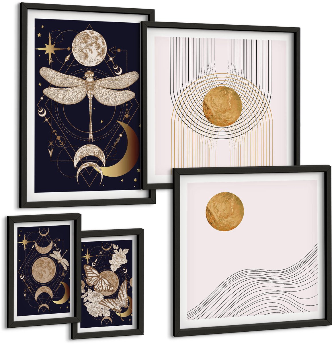 Coloray 5-Delige Schilderij Set - Stijlvolle Ruimtethema'S Met Insecten En Geometrische Patronen. - 50 x 50 cm, 20 x 30 cm En 40 x 60 cm - Wanddecoratie - Muurdecoratie - Moderne Interieurdecoratie Zwarte lijst