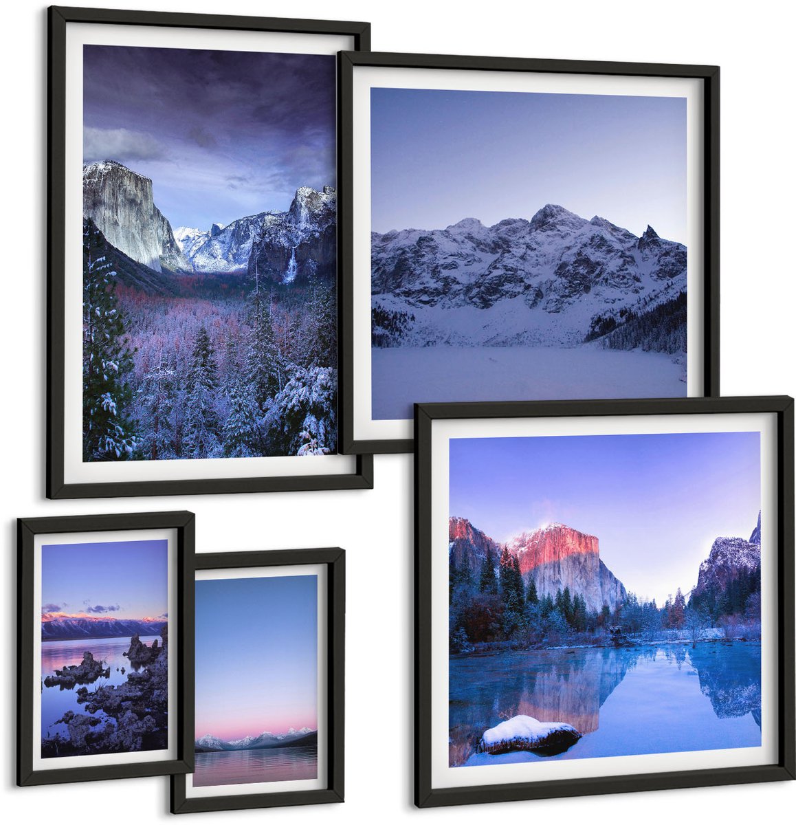 Coloray 5-Delige Schilderij Set - Berglandschappen Met Pittoreske Meren En Bossen - 50 x 50 cm, 20 x 30 cm En 40 x 60 cm - Stijlvolle Wanddecoratie - Interieur - Muurdecoratie Zwarte lijst