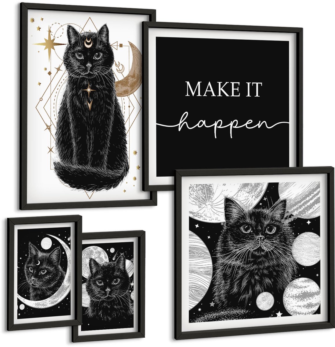 Coloray 5-Delige Schilderij Set - Zwarte Katten In Boho-Stijl Met Ruimtemotieven - 50 x 50 cm, 20 x 30 cm En 40 x 60 cm - Stijlvolle Wanddecoratie - Interieur - Decoratieve Schilderijen Zwarte lijst