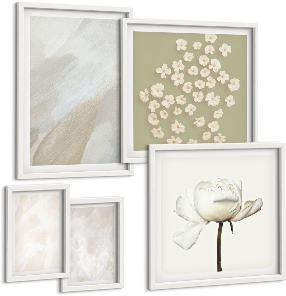 Coloray 5-Delige Schilderij Set - Bloemen En Trendy Texturen, Delicate Boho-Stijl - 50 x 50 cm, 20 x 30 cm En 40 x 60 cm - Muurdecoratie - Wanddecoratie - Slaapkamer