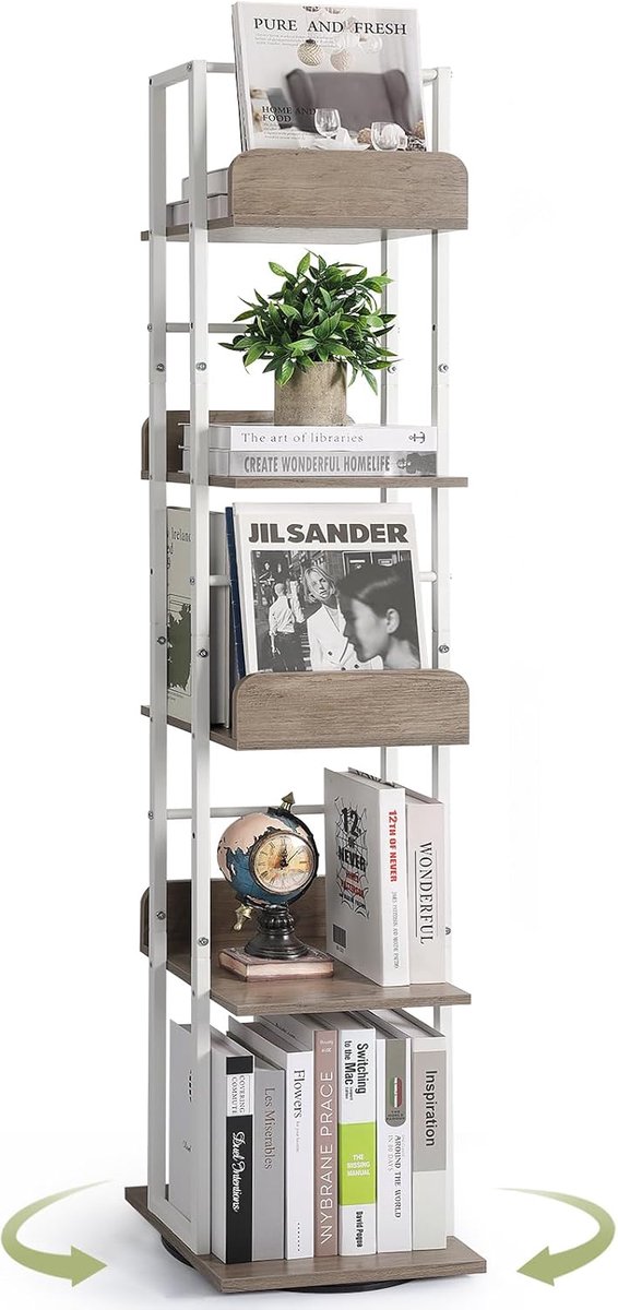 5-Lagen Draaibare Boekenplank, Hoekboekenkast Toren, Vrijstaand Smal Industrieel Boekenrek, Hoge Metalen Boekenkast voor Woonkamer, Kantoor en Kleine Ruimtes (Wit & Grijs)