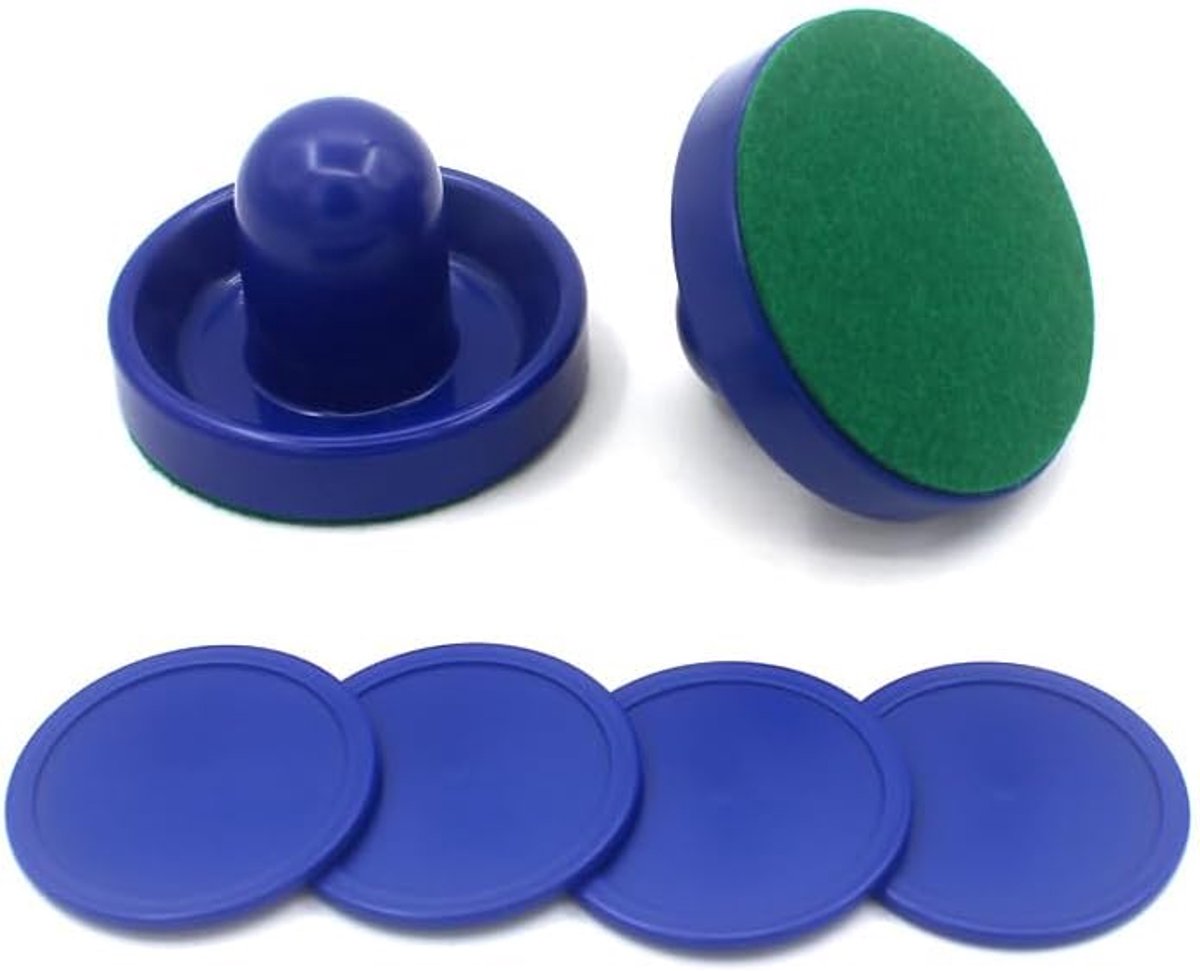 Airhockey duwers, 2 stuks 96mm airhockey tafel vilten duwer met 4 stuks rode pucks voor vervangingspucks tafelmallets doelmannen voor speeltafel (blauw)