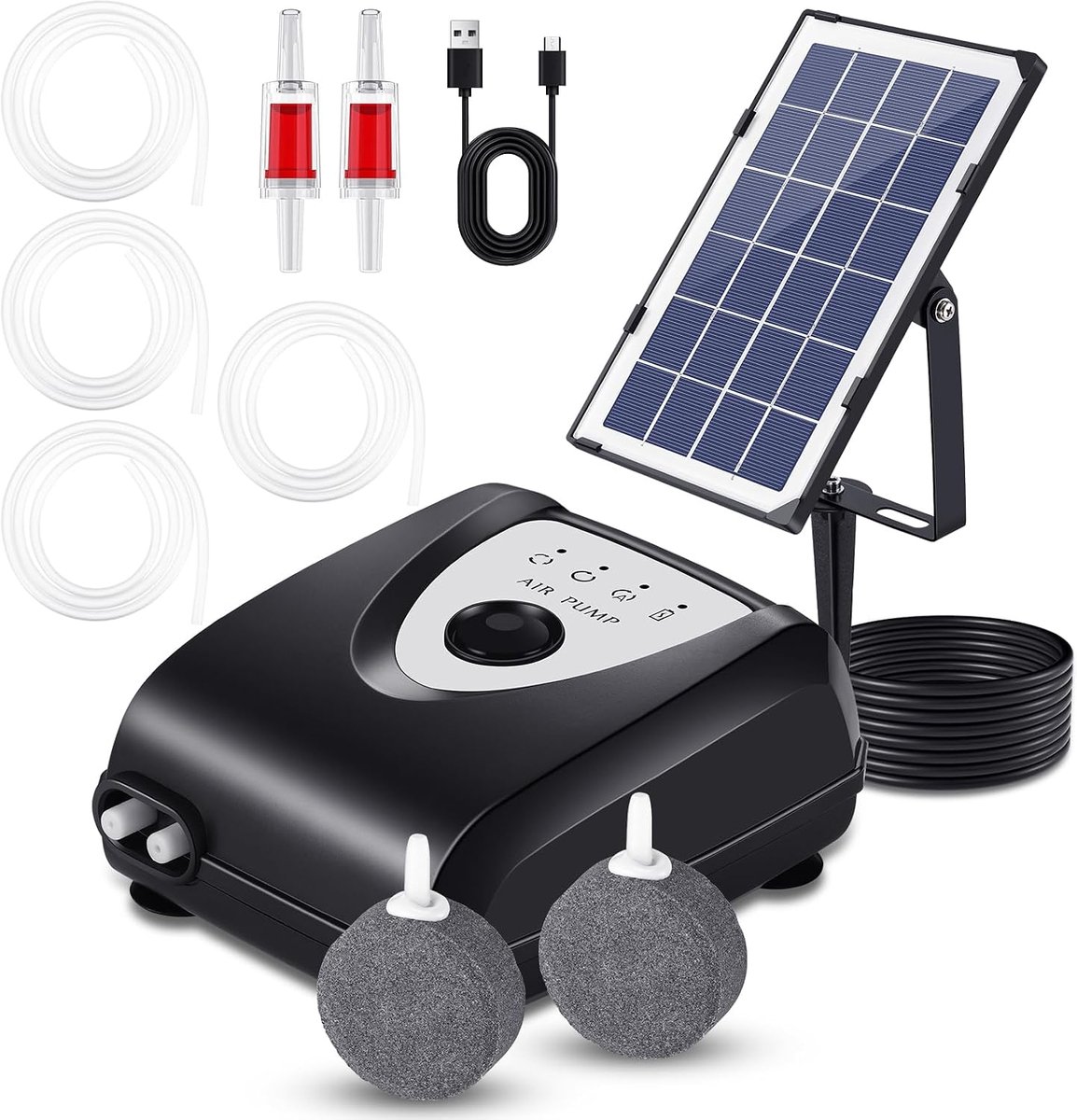 Zonne-aerator voor vijvers, 3W zonne-luchtpomp met 2 luchtbellenstenen, 0,9L/MIN, bescherming tegen overbelasting, zuurstoftoevoerder voor vijver, visreservoir, buitenzwembad, ZWART