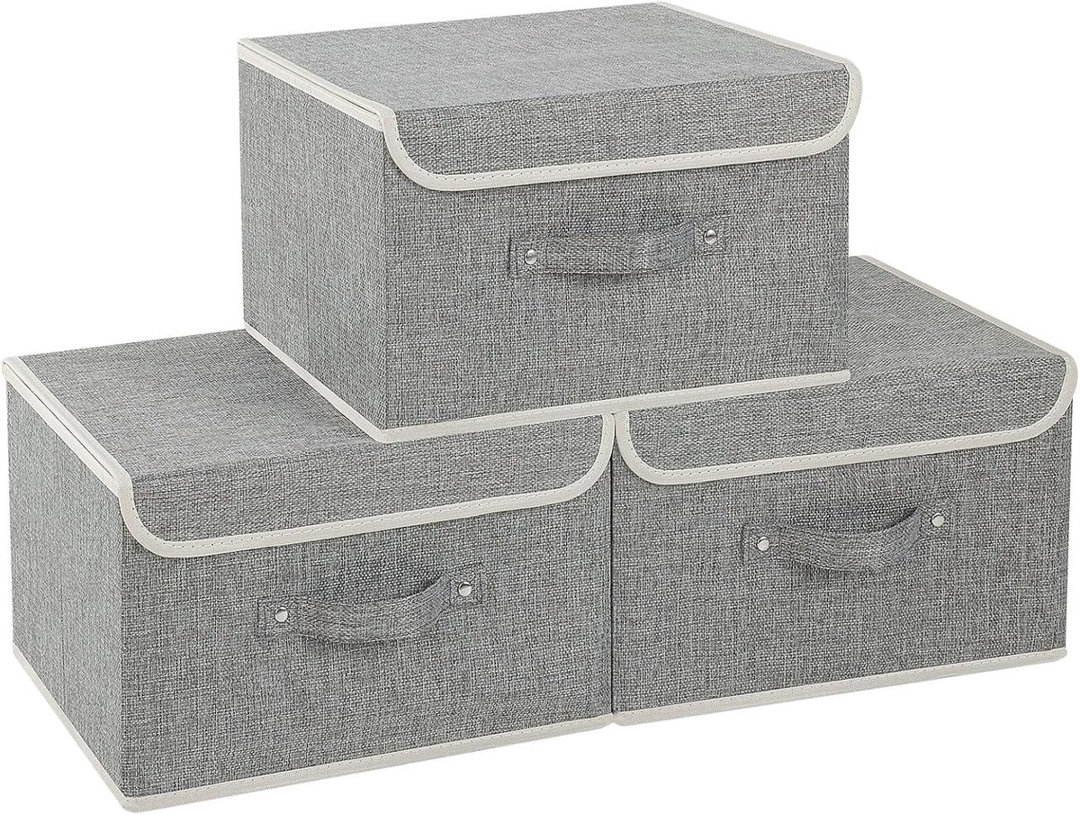 Stoffen opbergkubussen met deksels, grijs 33x23x20cm, 3 stuks | Opbergbakken met handgrepen,PP Panel Closet Organizers, Wasbare Dozen, Opvouwbare Stoffen Container voor Ondergoed en Sokken