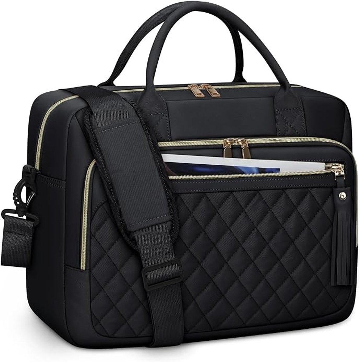 PolkaHome Laptoptas 17,3 inch - Grote Messenger Tas voor Vrouwen met Diamant Quiltpatroon, Goudkleurige Ritsen en Waterafstotend Materiaal