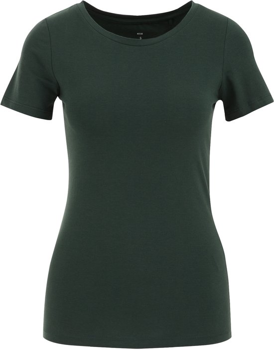 Donkergroen t-shirt met korte mouwen en ronde hals, los van het model.