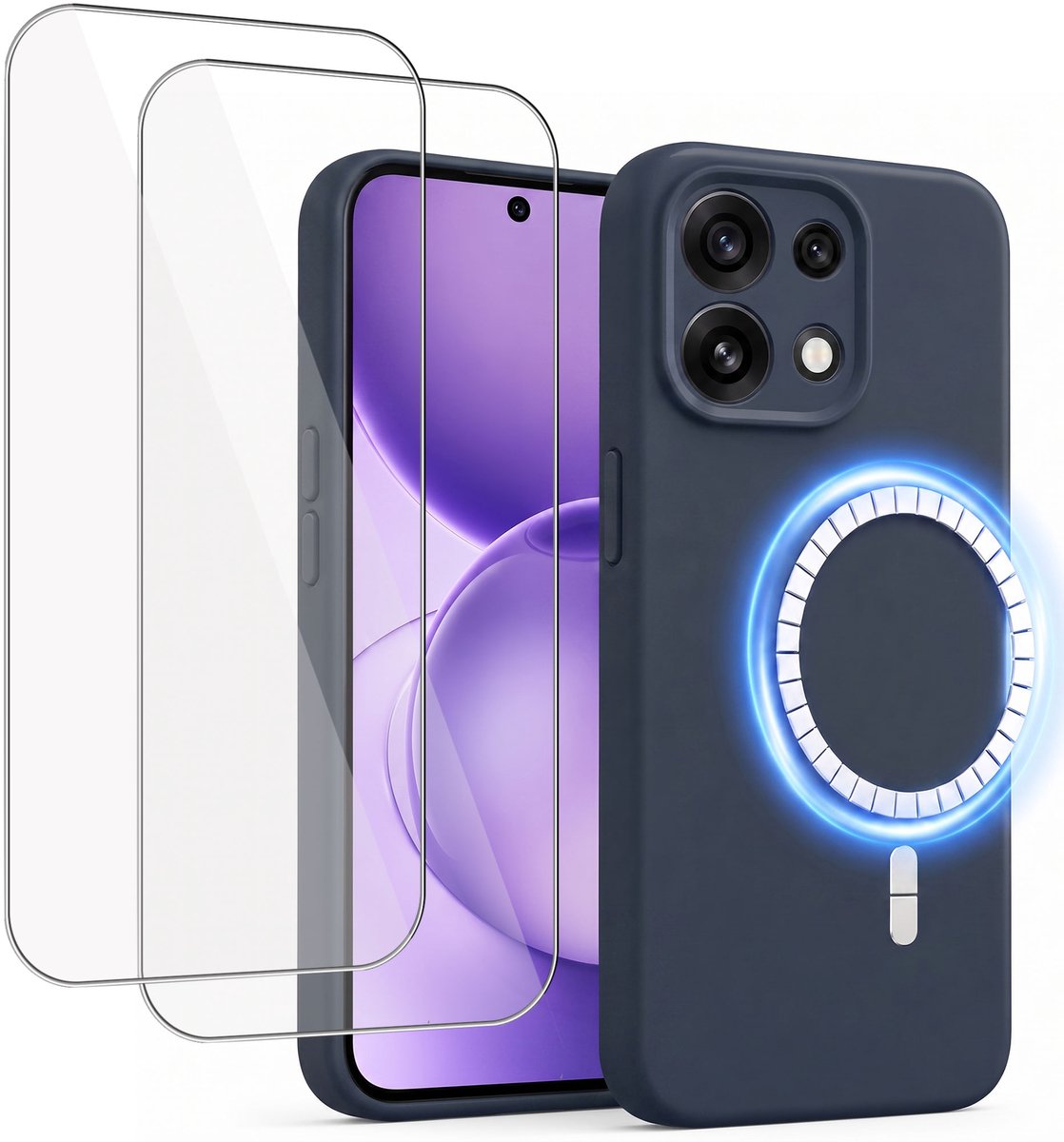 Hoesje + 2x Screenprotector geschikt voor Oppo Reno 16 Pro - Hoesje geschikt voor Magsafe - Draadloos opladen - Gehard Glas - Marine blauw