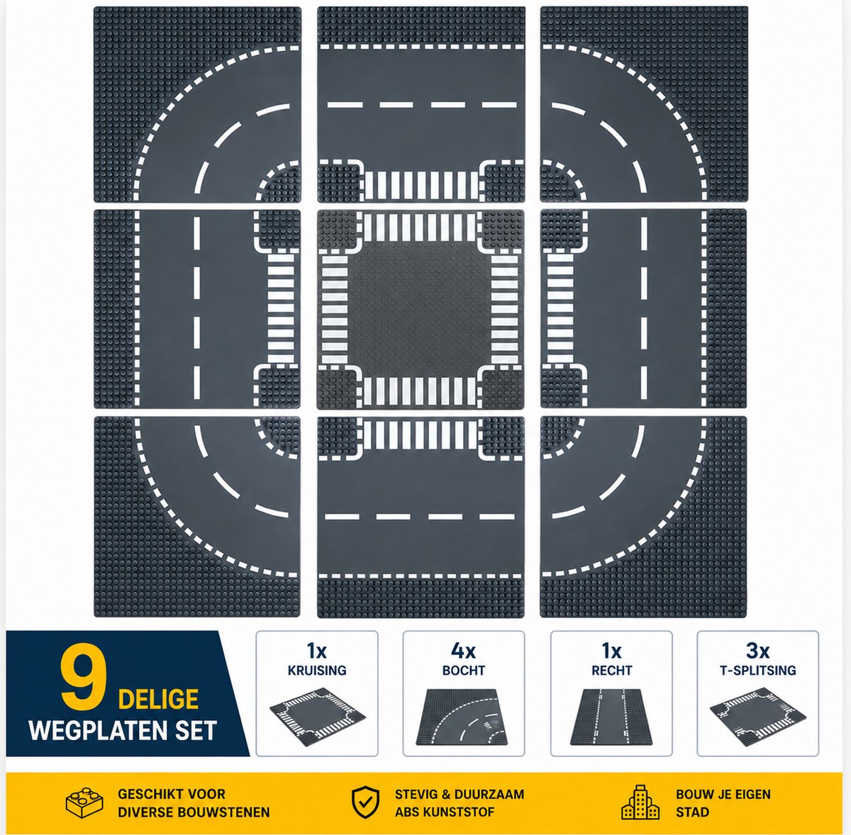 Hunta® Wegplaten Set 9 Stuks – 1 Kruising, 4 T-Splitsingen en 4 Bochten – Bouwplaten 32x32