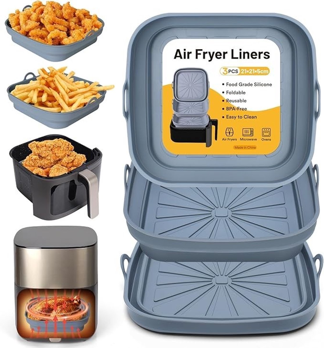 PolkaHome Airfryer Siliconen Inzet - Set van 3 - Vouwbare Anti-aanbak Manden voor Heteluchtfriteuse, Magnetron en Oven - Grijs