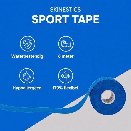 Skinestics Sport Tape blauw, met icoontjes voor waterbestendig, 6 meter, hypoallergeen en 170% flexibel.