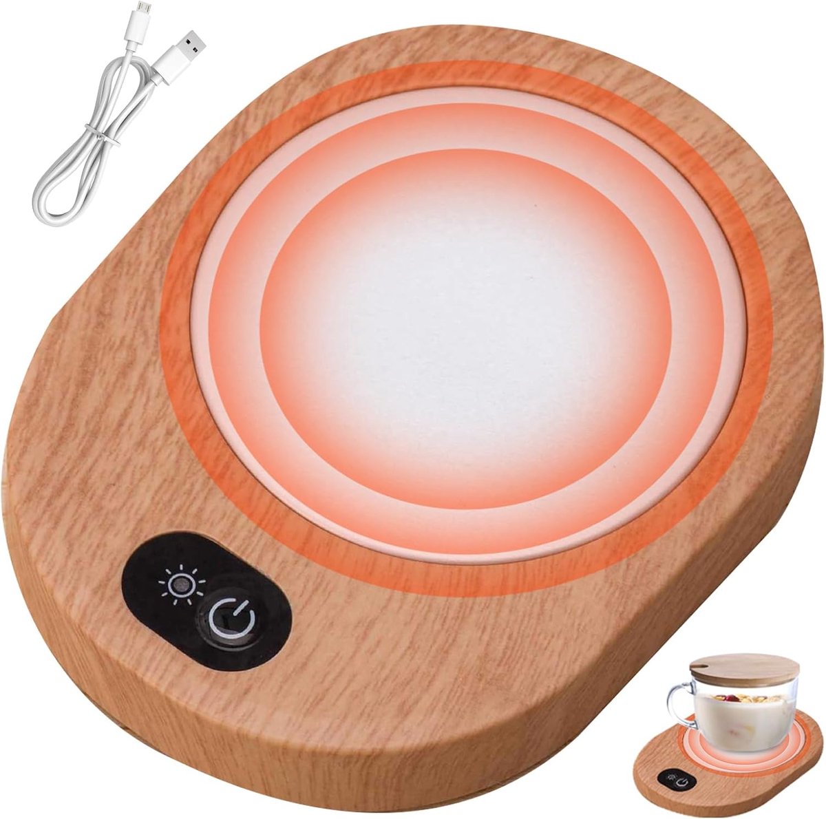 Verwarmde onderzetter / USB-mokverwarmer voor op het bureau – Houtlook – Constante temperatuur van 55-65°C – Geschikt voor koffie, cacao, melk en thee – Voor thuis en op kantoor – Werkt zonder batterijen