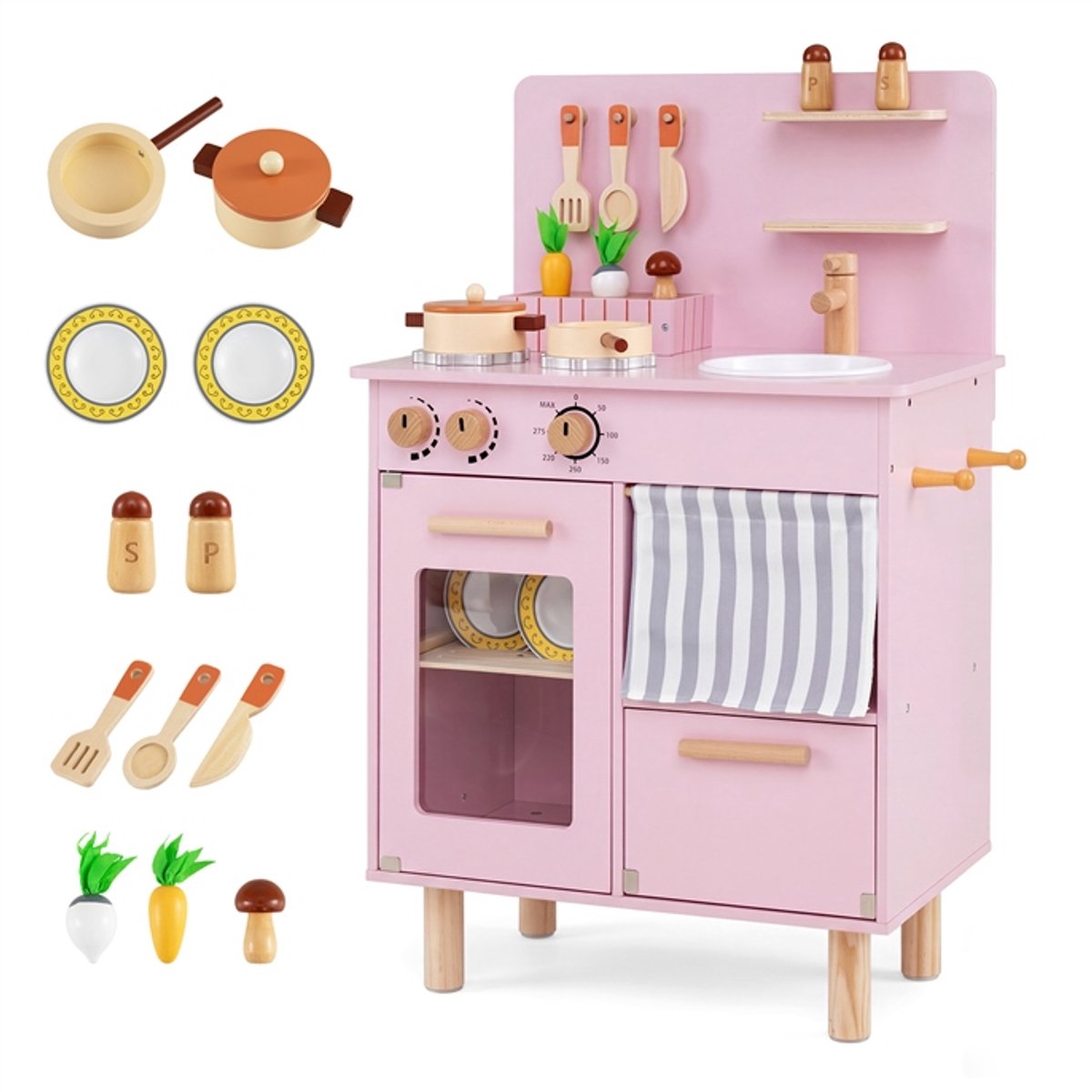 COSTWAY Kinderkeuken hout, speelkeuken met fornuis, gootsteen (roze)