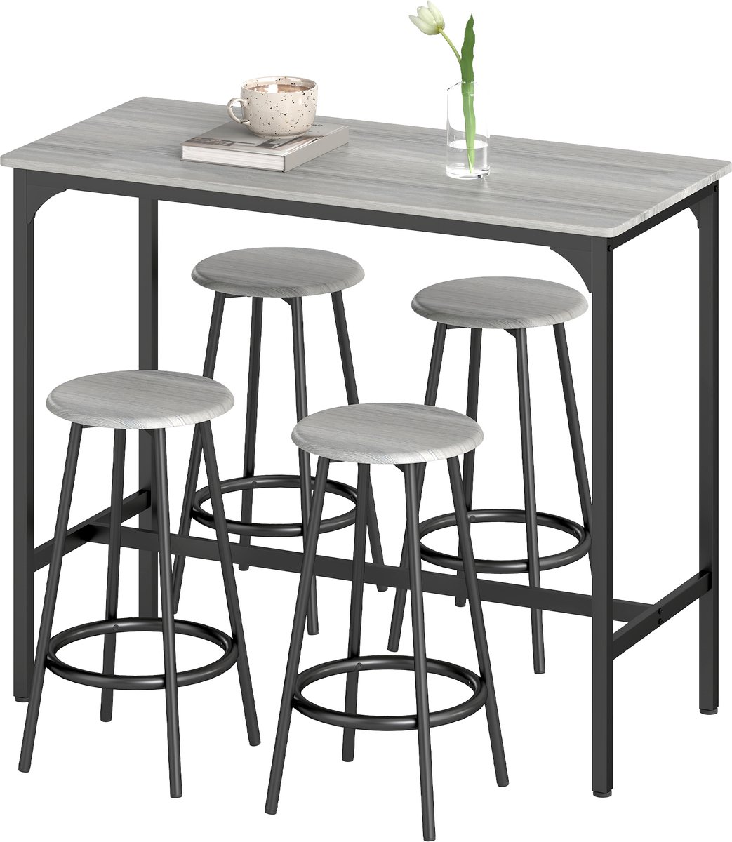 Set bestaande uit een hoge tafel en 4 Ronde kruk met hoge poten met voetsteunen - zwart metaal en houtlook - voor keuken en eetkamer