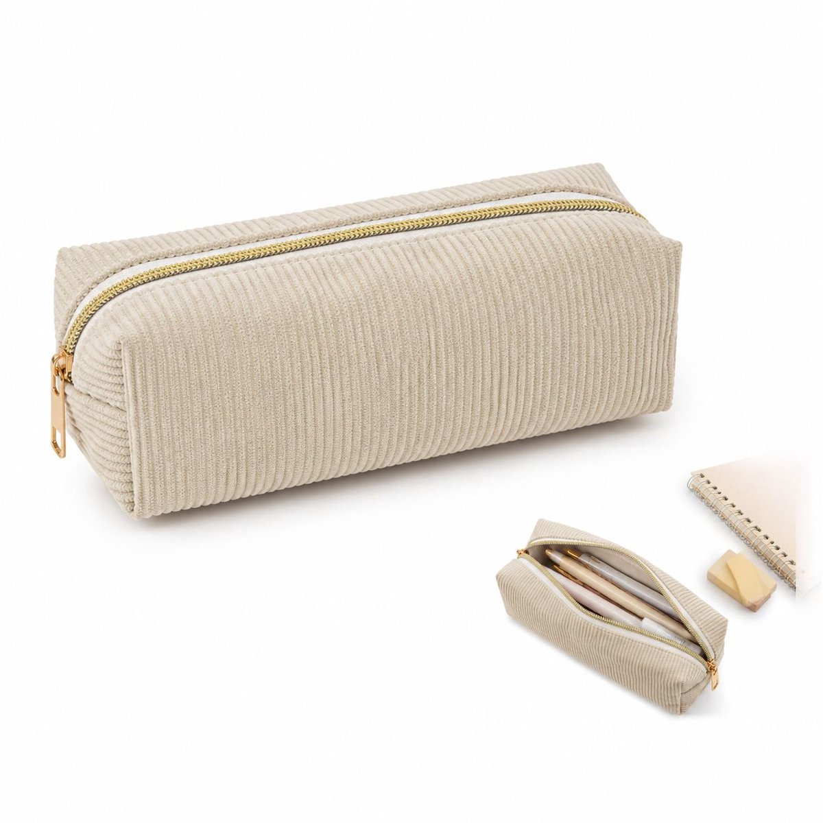 VHV - Etui - Kleine Pennenzak - Soepele Rits - Draagbaar - 20x7x7 cm - Lichtgewicht - Schattige - Voor School, Kantoor - Beige