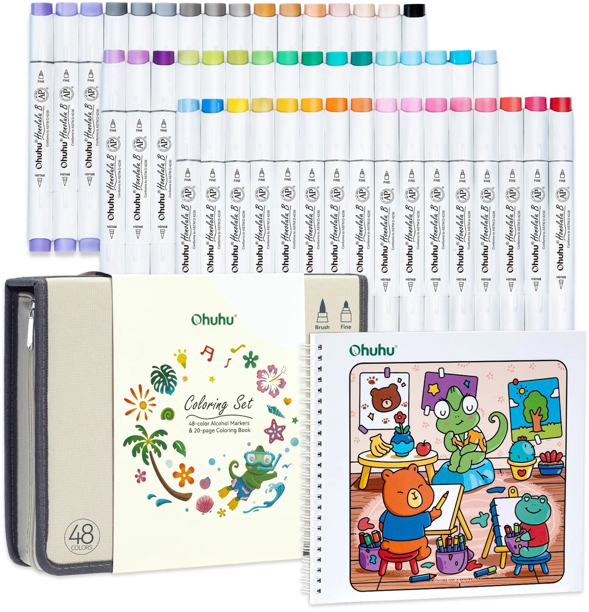 Ohuhu Coloring set - Honolulu B 48 kleuren Alcohol Art Markers Brush & Fine + kleurboek