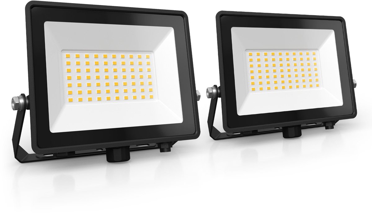 LEDVION 2x ECO LED-schijnwerper buiten, IP65, 50W, 110lm/W, natuurlijk wit, 4000K, superhelder, breedstraler, buitenlamp Zwart