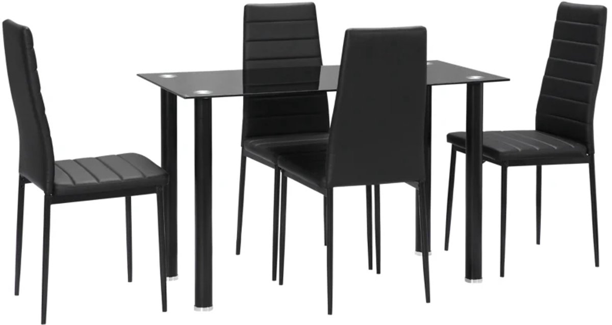 Eethoek - 5-delige Eetgroep - Eettafel Met 4 Stoelen - Modern Design - Glazen Tafel - Zwart