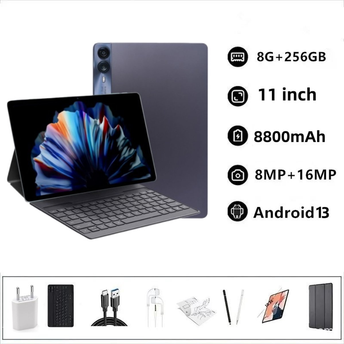Nieuwe tablet 11 inch, 8 GB + 512 GB ROM, Android 13, wifi, 5G/4G, dual-SIM, inclusief toetsenbord