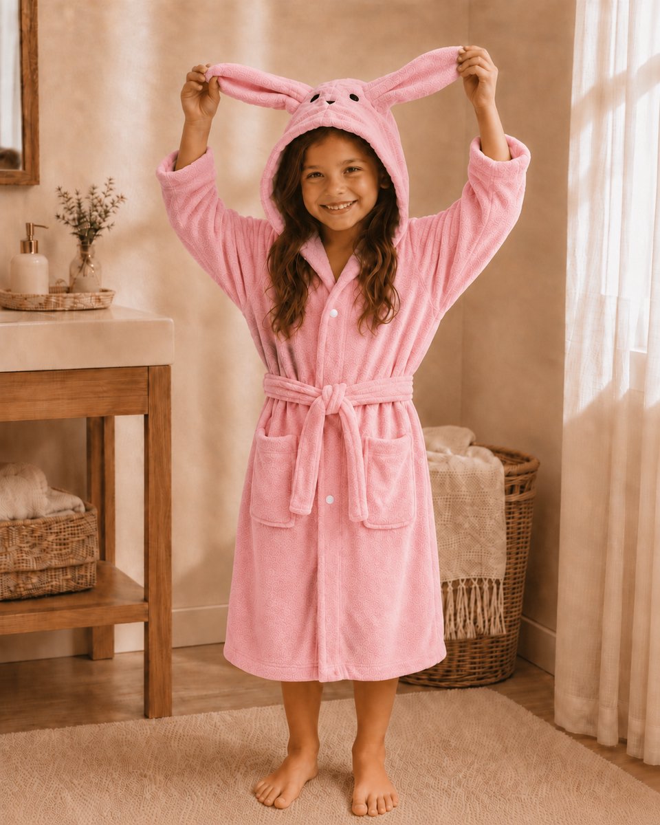 Kinderbadjas | Roze | 3 - 8 jaar | Met drukknopen | Konijn | Badjas | Polyester | Kind