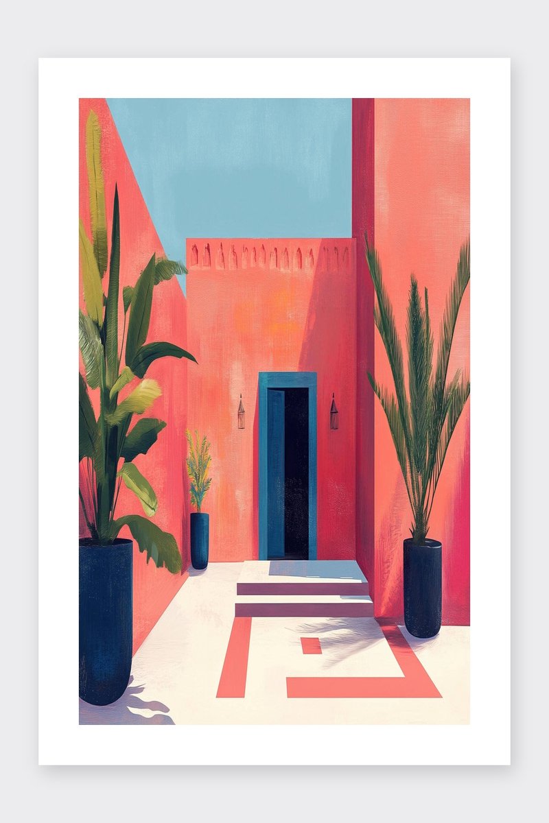 Marrakesh Poster - Marokko - Stad - Kunst - Kleurrijk - Aquarel - Planten - Morocco - posters - formaat 30x40cm - Wanddecoratie - BXS5459WV - Met kader - passe-partouts stijl