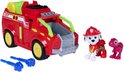 Rode PAW Patrol brandweerauto met Marshall en twee dino's. Truck heeft gele wielen en groene accenten.