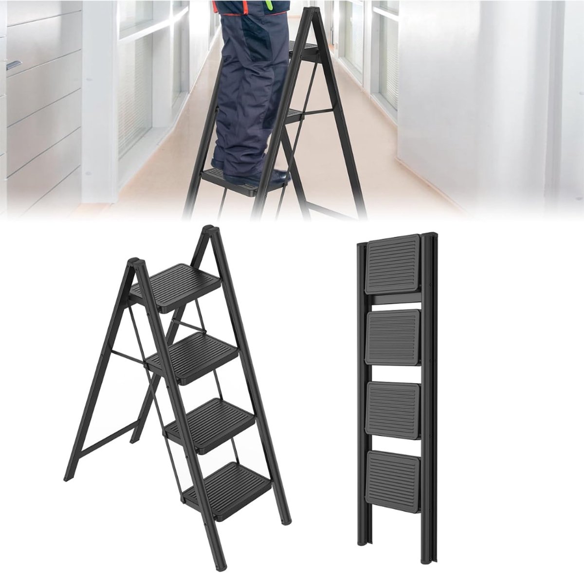 SP® Huishoudtrap - Huishoudladder Inklapbaar - Huishoudtrap 4-treden - Zwart - 84cm x 42cm x 116cm