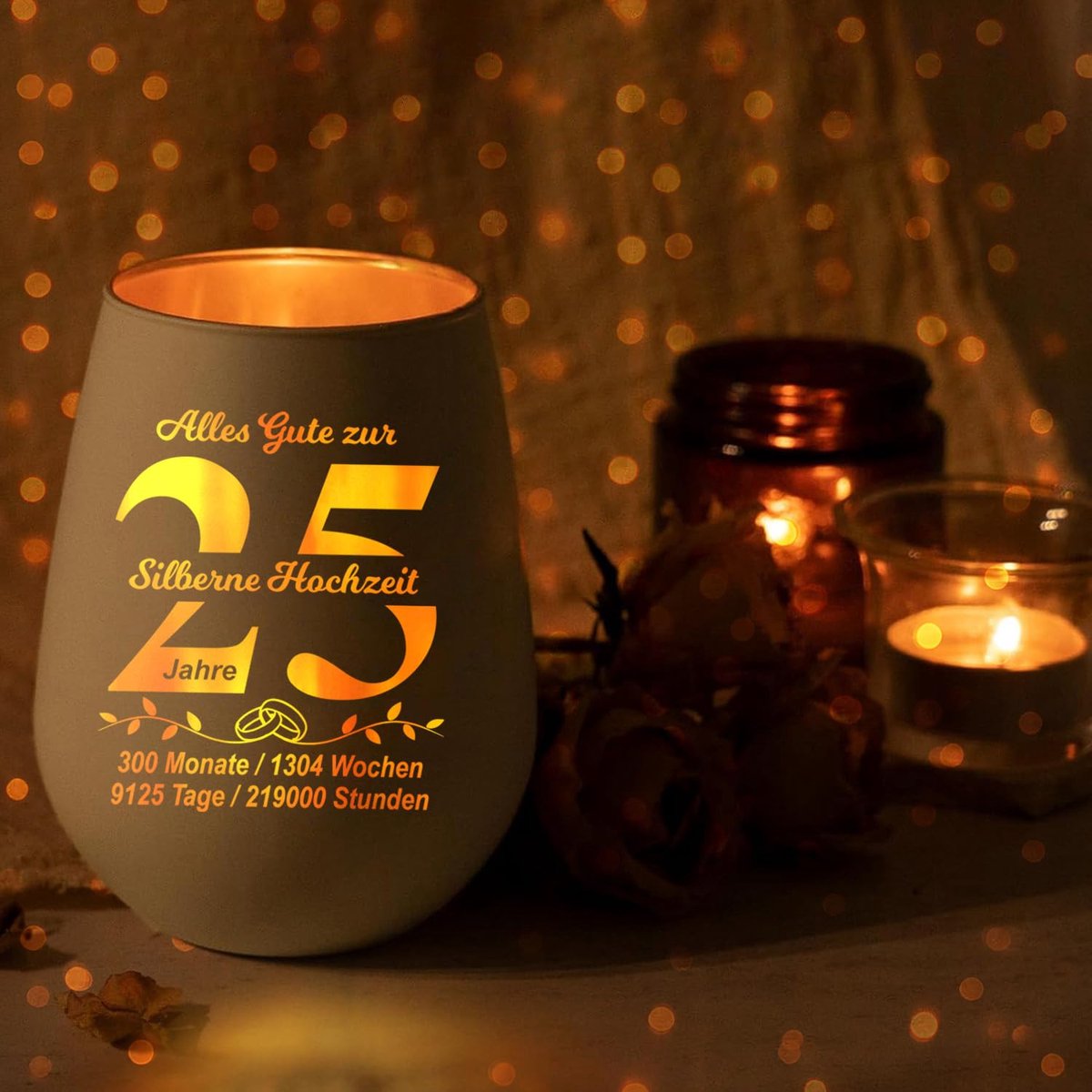Zilveren bruiloft cadeau, 25e verjaardag windlicht glas met geschenkdoos - ShopVlot