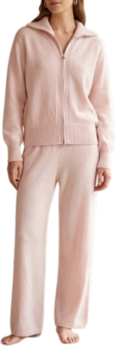 Gebreid Huispak Dames - 2-Delige Loungewear Set met Ritsvest & Wijde Broek - Zacht Joggingpak & Relax Set - Cadeau voor Vrouw - Roze - TU