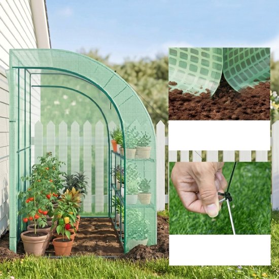 Groene kweektent met tomatenplanten, details van de verankering in de grond en haringen.