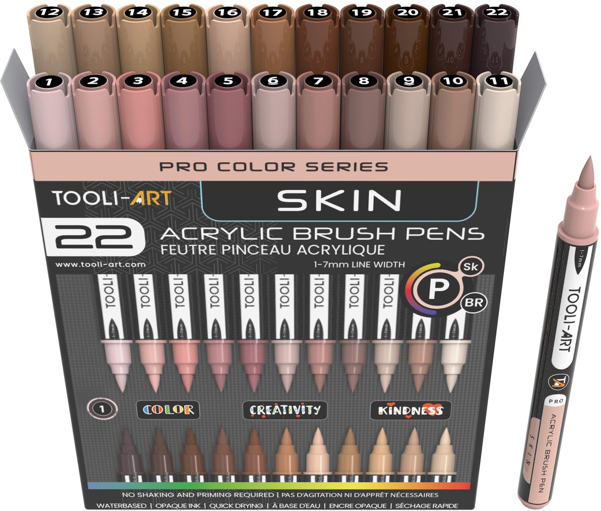 Set met 22 acrylverfstiften met flexibele borstelpunt, 1-7 mm, voor rotstekeningen, penseelschilderen, plakboeken - ShopVlot