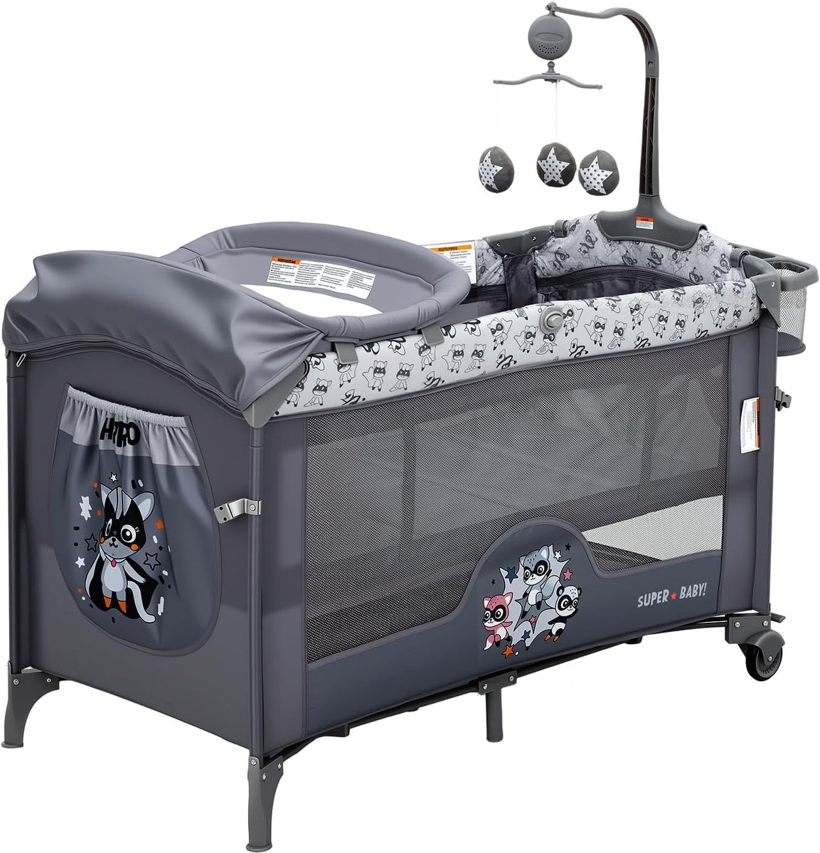 Triumpunpre - 5-in-1 reisbabybedje - opvouwbaar wiegje voor naast het bed - met babybadje, commode, matras en hangende speeltjes - Donkergrijs