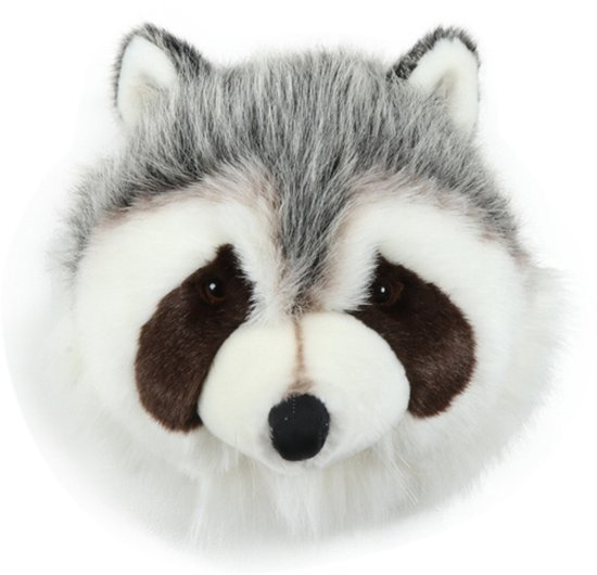 Wild & Soft wasbeer Josh, een decoratieve dierenkop met grijze en witte vacht en kenmerkende donkere oogvlekken.