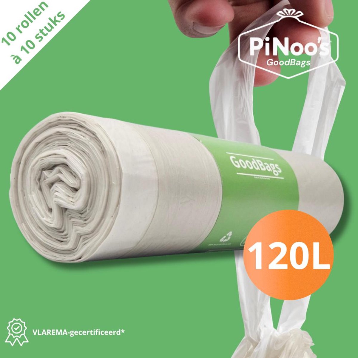 PiNoo’s® GoodBags Vuilniszakken 120 Liter | 10 rollen à 10 zakken - Trekband | 100% Gerecycled LDPE | T70 | 70x110 cm - Transparante trekbandzakken 120L, Stevige trekbandzakken (07011001345D)